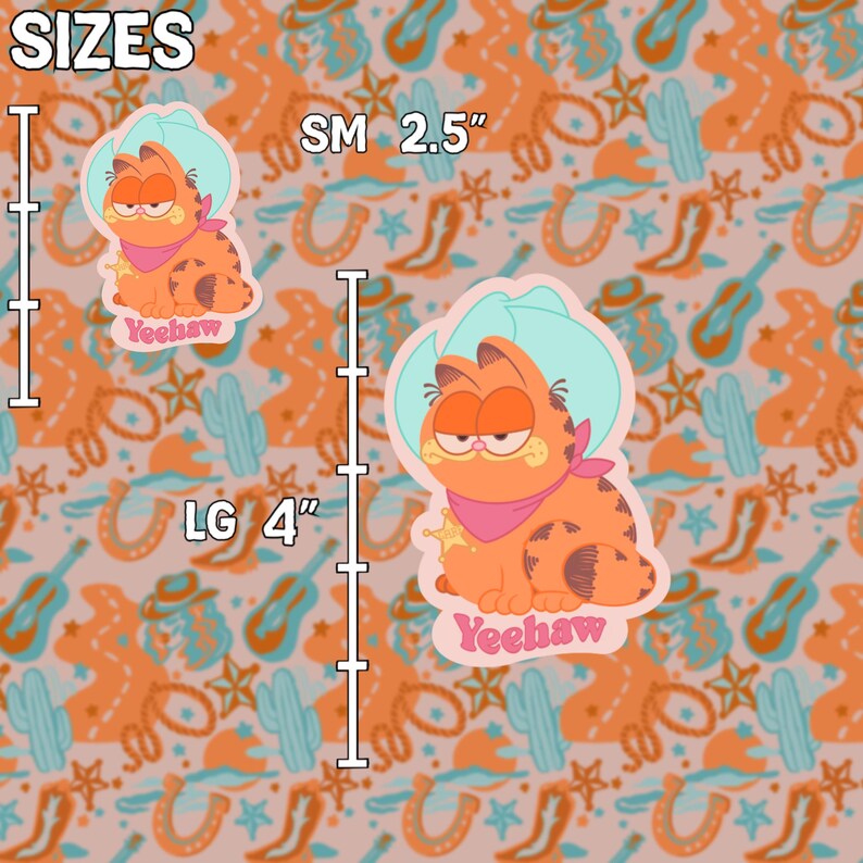 May include: Two sizes of a sticker featuring a cartoon cat wearing a cowboy hat and bandana. The cat is orange with black stripes and has a grumpy expression. The sticker says "Yeehaw" in pink letters. The smaller sticker is 2.5 inches and the larger sticker is 4 inches. The background is a pattern of orange, blue, and white.