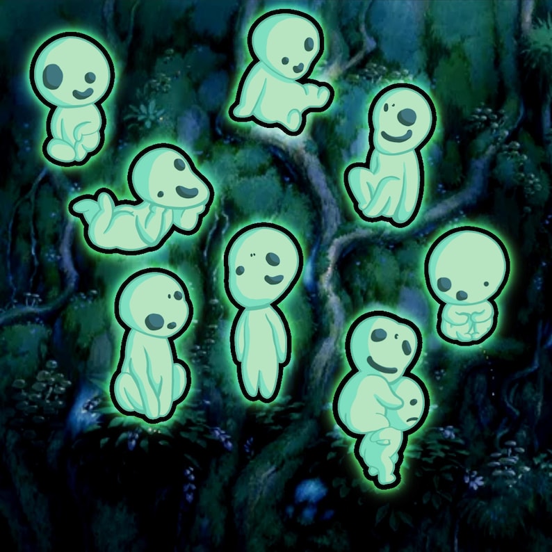 May include: Eight glowing green spirit-like figures with large eyes and simple features. The figures are in various poses, some sitting, some standing, and some lying down. The background is a dark green forest.