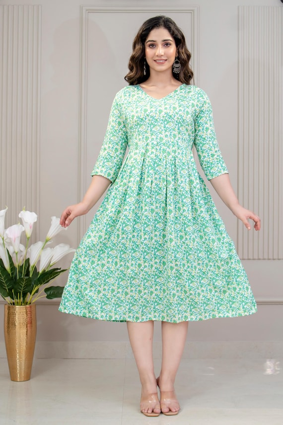 green floral maternity dress for Women - Maternity Short Sleeve Dress - Feeding Zip Kurta emerald green long dress