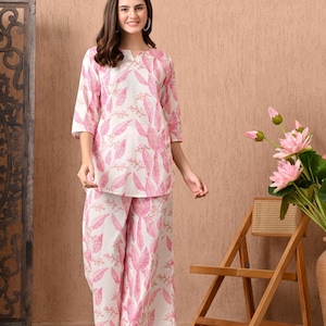Pink Leaf Printed Cotton Co-ords Set for Women – Top Pants Set –  Indian Style Kurta Set- Summer and Trendy Co-Ords - Gift for Her