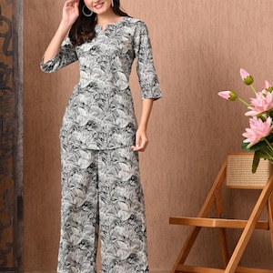 Black & White Printed Cotton Co-ord Set for Women | Stylish Kurta with Palazzo Pants - Indian Style Kurta Set - Gift for Her