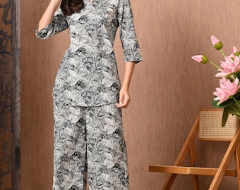 Floral Printed Cotton Co-ord Set for Women - Stylish Kurta with Palazzo Pant - Ethnic Co-ord Set - Indian Style Kurta Set - Gift for Her
