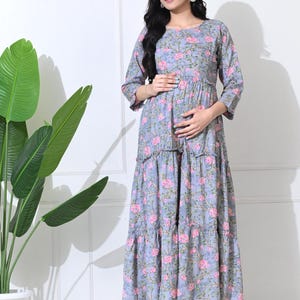 Vestido de maternidad floral para mujer - Vestido de rayón suave para el embarazo - Vestido de maternidad Anarkali para baby shower - Kurta con cremallera para lactancia - Regalo para ella