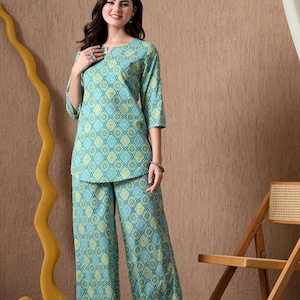 Blauwe katoenen set met geometrische print en print voor dames – stijlvolle Kurta met palazzobroek – Kurta-set in Indiase stijl – Zomer- en trendy combi-sets