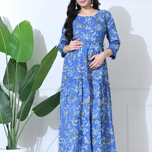 Vestido de maternidad azul para mujer: cómodo kurti de rayón - Vestido de maternidad Anarkali para baby shower - Kurta con cremallera para lactancia