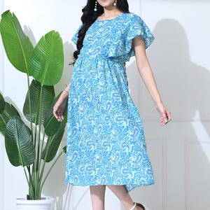 Vestido de maternidad azul floral para mujer – Kurti de rayón transpirable – Kurta con cremallera para lactancia – Vestido de maternidad Anarkali para baby shower