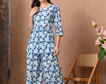 Blue and White Geometric Printed Cotton Co-Ord Set for Women - Stylish Kurta with Palazzo Pants - Indian Style Kurta Set - Gift for Her