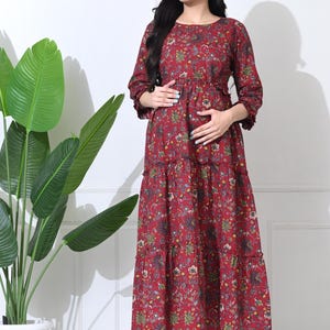 Vestido de maternidad para mujer - Kurti de rayón suave - Kurta con cremallera para lactancia - Vestido de maternidad Anarkali rojo para baby shower - Regalo para ella