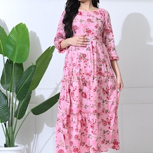 Vestido de maternidad para mujer - Kurti de rayón rosa suave - Kurta con cremallera para lactancia - Vestido de maternidad Anarkali para baby shower - Kurti de uso diario