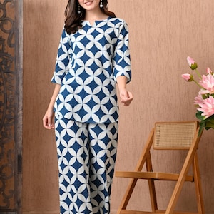 Blue and White Geometric Printed Cotton Co-Ord Set for Women - Stylish Kurta with Palazzo Pants - Indian Style Kurta Set -  Top Pants Set