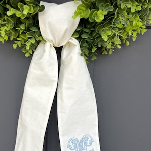 Monogrammed Initial Wreath Sash Front Door Bow Sash Seasonal Housewarming gift Personalized Wreath Sash Custom Door Decor Cotton Bride Gift