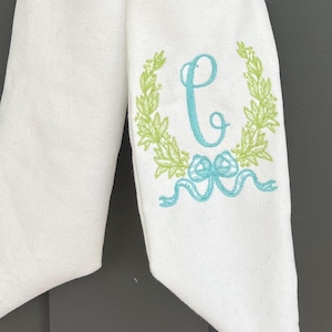 Personalized crest wreath sash with signature embroidered bow & initial elegant custom home decor Front Door Bow Sash Seasonal Bride Gift