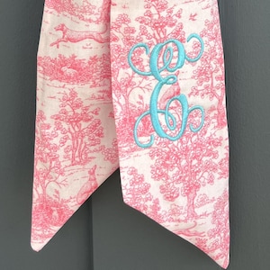Monogrammed Initial Pink toile Wreath Sash Front Door Bow Pink on white chinoiserie inspired wedding decor Custom Door Decor bride gift