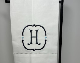Embroidered Custom Cotton Hemstitched Hand Towel Monogrammed Tea Towel Grandmillennial Wedding Hostess Gift Personalized Home Linens Decor
