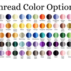 K&ouml;nnte beinhalten: Eine Farbkarte mit der Aufschrift "Thread Color Options" zeigt eine Vielzahl von Garnfarben. Die Karte enth&auml;lt Farbt&ouml;ne von Wei&szlig;, Blau, Gr&uuml;n, Rosa und Braun, wobei jede Farbe zur einfachen Identifizierung beschriftet ist. Das Bild soll die verf&uuml;gbaren Garnfarben pr&auml;sentieren.