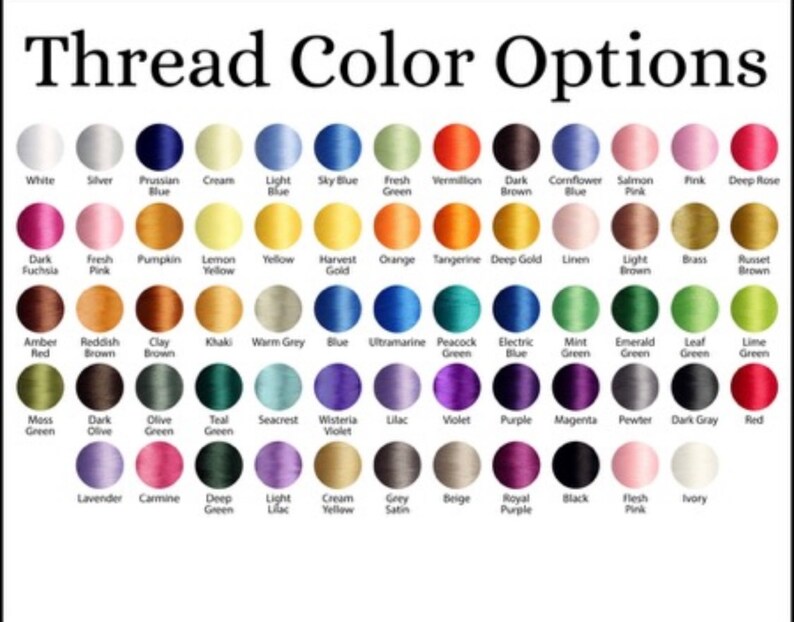 K&ouml;nnte beinhalten: Eine Farbkarte mit der Aufschrift "Thread Color Options" zeigt eine Vielzahl von Garnfarben. Die Karte enth&auml;lt Farbt&ouml;ne von Wei&szlig;, Blau, Gr&uuml;n, Rosa und Braun, wobei jede Farbe zur einfachen Identifizierung beschriftet ist. Das Bild soll die verf&uuml;gbaren Garnfarben pr&auml;sentieren.