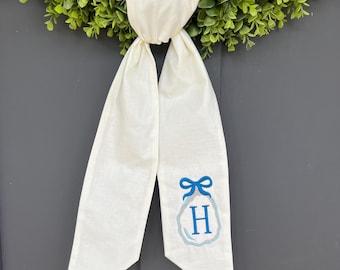 Monogrammed Initial  Oyster Spring Summer Wreath Sash Front Door Bow Housewarming gift Personalized Wreath Sash Custom Door Decor Bride Gift