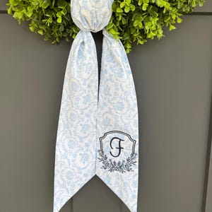 Blue Chinoiserie Monogrammed Wreath Sash Embroidered Crest Door Bow Custom Initial Classic Front Door Decor Toile Ribbon Wedding shower gift