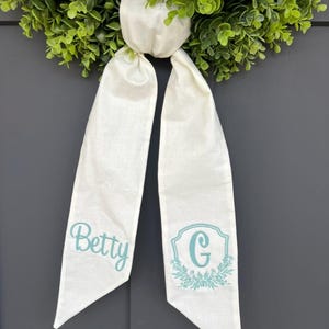 Monogrammed Initial Wreath Sash Front Door Bow Sash Seasonal Housewarming gift Personalized Wreath Sash Custom Door Decor Cotton Bride Gift