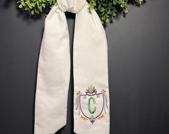 Monogrammed Mardi Gras Fleur-de-lis Wreath Sash Front Door Bow Housewarming Gift Louisiana Gift Mardi Gras gift parade decor personalized