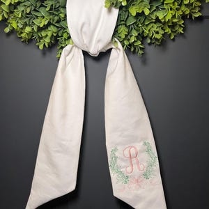 Personalized crest wreath sash with signature embroidered bow & initial elegant custom home decor Front Door Bow Sash Easter Spring Bridal