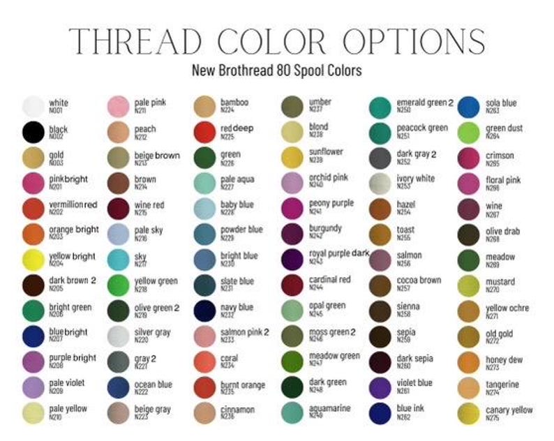 May include: A color chart titled "THREAD COLOR OPTIONS" with a list of 80 thread colors. Each color is displayed with its name and a corresponding number. Colors range from white and black to canary yellow and blue ink.