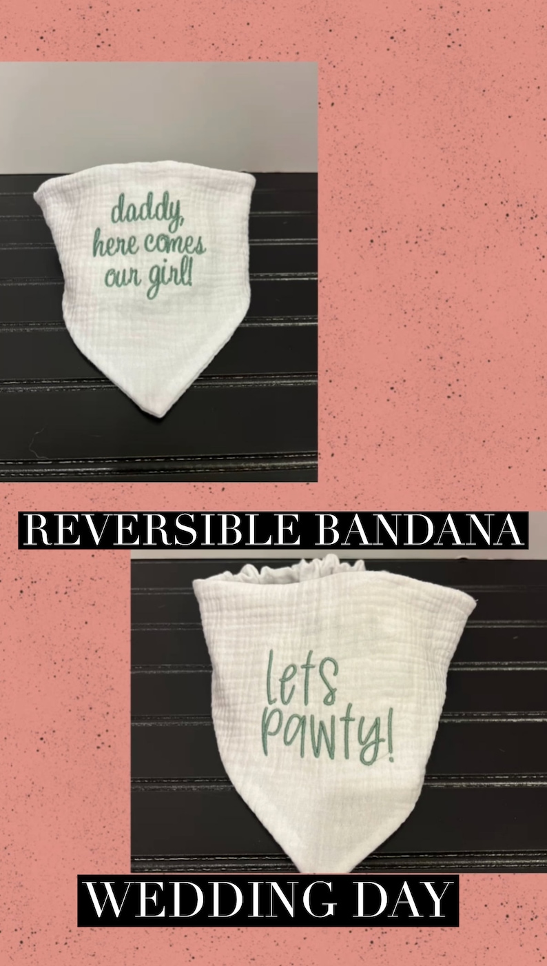 Pu&ograve; includere: Bandana bianca reversibile con ricamo verde. Un lato dice "Pap&agrave;, ecco la nostra bambina!" e l'altro lato dice "Facciamo festa!"