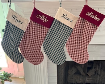 Personalized Pet Christmas Stocking with Name and Paw Print Custom Dog or Cat Stocking Embroidered Gingham Holiday Décor Pet Lover Gift