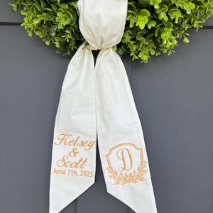 Embroidered Custom Wedding Wreath Sash Wedding Decor Aisle Marker Sash Personalized Bridal Shower Gift Wedding Gift Wedding Bouquet Sash