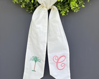 Monogrammed Initial Summer Palm Tree Wreath Sash Front Door Housewarming gift Personalized Wreath Custom Door Decor  Beach or Pool Sash