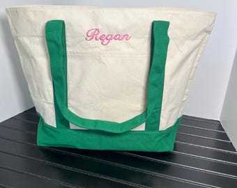 Personalized Canvas Tote Bag with Zipper Monogram Travel Bag Bridesmaid Gift Teacher Tote Custom Embroidered Bag Beach Bag Sports Mom Tote