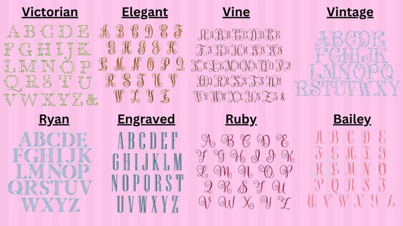 K&ouml;nnte beinhalten: Auf rosa Hintergrund werden acht Alphabetstile pr&auml;sentiert: Victorian, Elegant, Vine, Vintage, Ryan, Engraved, Ruby und Bailey. Jeder Stil zeigt die Buchstaben A bis Z.