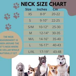 May include: A pet neck size chart with measurements in inches and centimeters. Sizes range from XS (8-9 inches, 20-22 cm) to L/XL (17-19 inches, 43-48 cm). The chart includes a note on where to measure the pet's neck. A group of dogs is shown at the bottom.
