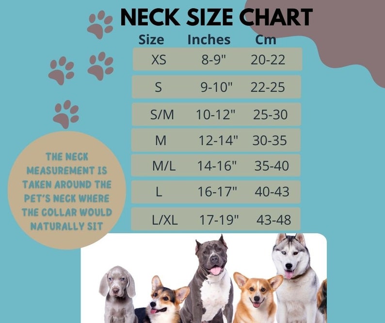 May include: A pet neck size chart with measurements in inches and centimeters. Sizes range from XS (8-9 inches, 20-22 cm) to L/XL (17-19 inches, 43-48 cm). The chart includes a note on where to measure the pet's neck. A group of dogs is shown at the bottom.