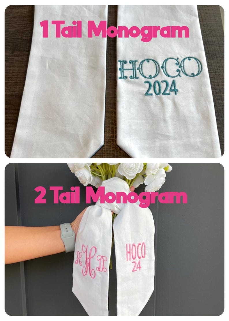 May include: White graduation stoles with embroidered text. One stole has "HOCO 2024" in teal, and the other has a pink monogram. The second image shows two stoles, one with a pink monogram and the other with "HOCO 24" in pink.