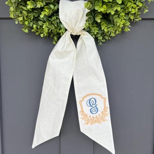 Monogrammed Summer or Wedding Initial Crest Wreath Sash Front Door Bow  embroidered Wreath Sash Custom wedding Door Decor Bridal Shower gift