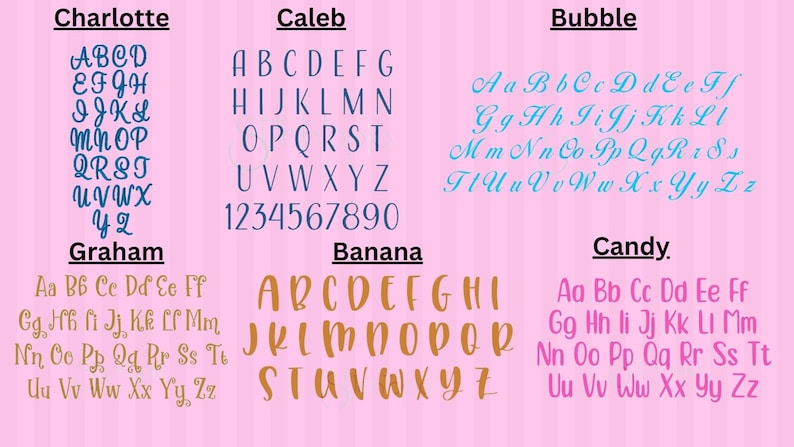 K&ouml;nnte beinhalten: Auf rosa Hintergrund werden sechs verschiedene Schriftarten gezeigt, die jeweils mit einem Namen versehen sind. Die Schriftarten variieren im Stil, darunter Schreibschrift, Blockbuchstaben und eine verspielte Bubble-Schrift. Der Text enth&auml;lt das Alphabet und Zahlen.