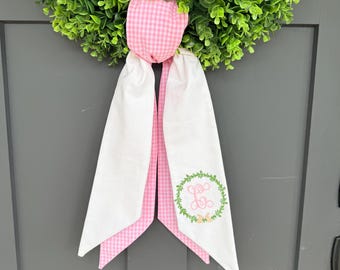 Double Easter Wreath Sash | Personalized Easter Monogram Sash | Spring Door Decor | Custom Embroidered Bunny Crest | Choose Gingham Color
