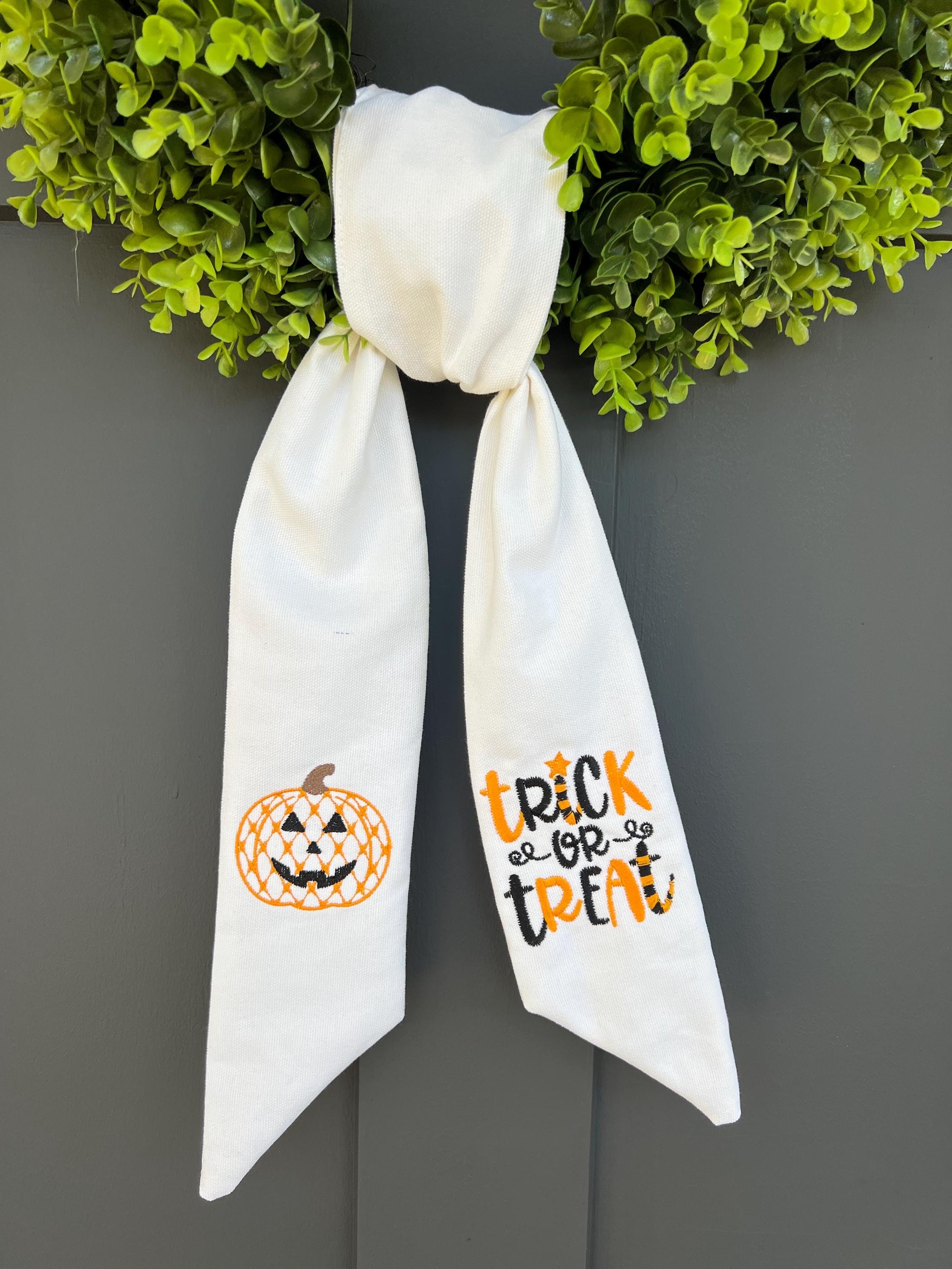 Wreath Sash Halloween Monogrammed Fall Trick or Treat Front Door Sash Housewarming gift Personalized Wreath Sash Door Decor Cotton Pumpkin