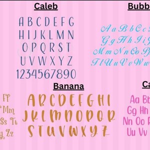 May include: A pink background displays six different font styles, each with the alphabet and numbers. The fonts are named Charlotte, Caleb, Bubble, Graham, Banana, and Candy. The fonts vary in style and color.