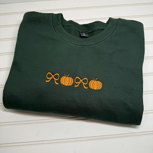 Custom Embroidered Pumpkin Sweatshirt with Bows Fall crewneck Cozy Autumn sweater pullover preppy gift for her Thanksgiving Teacher Shirt