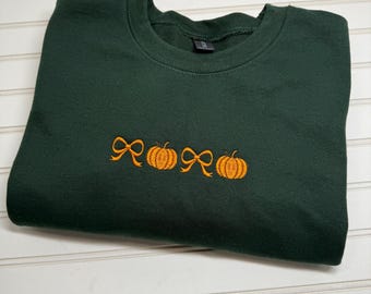 Custom Embroidered Pumpkin Sweatshirt with Bows Fall crewneck Cozy Autumn sweater pullover preppy gift for her Thanksgiving Teacher Shirt