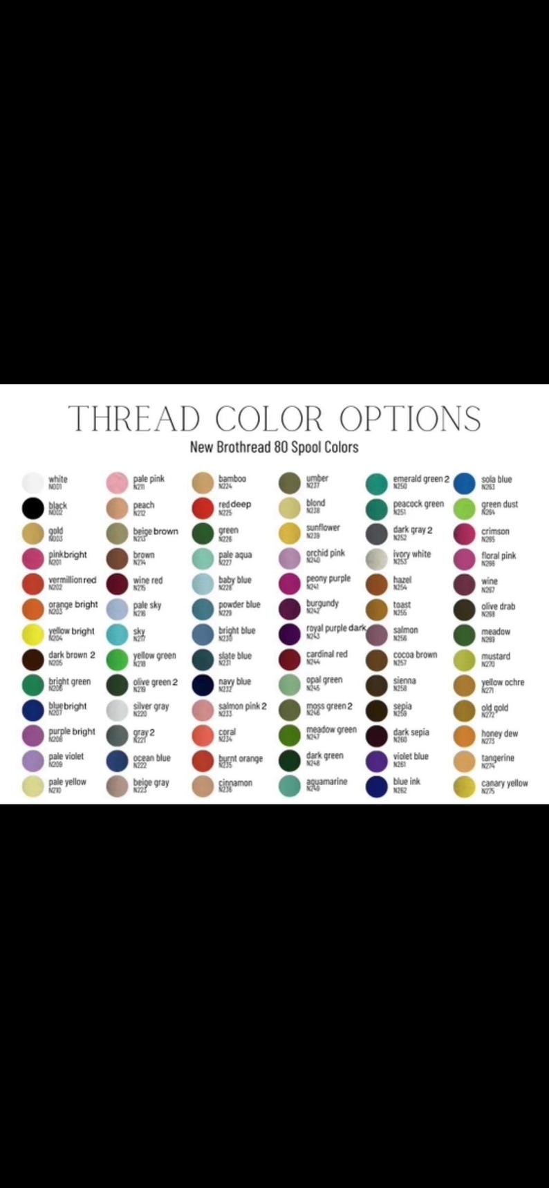 May include: A color chart displaying 80 thread color options from New Brothread. The chart features a variety of colors, including white, black, pink, orange, yellow, green, blue, purple, and more. Each color is labeled with its name and a corresponding number.