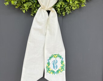Monogrammed Initial Lemon Crest Summer Wreath Sash Front Door Bow Seasonal Housewarming gift Personalized Sash Custom Door Decor Bride Gift