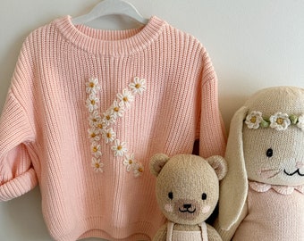 Custom Hand-Embroidered Chunky Knit Baby Toddler BLOCK FLORAL LETTER Sweater