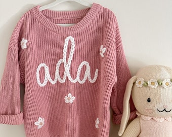 Custom Hand-Embroidered Chunky Knit Baby Toddler Personalized Name Sweater