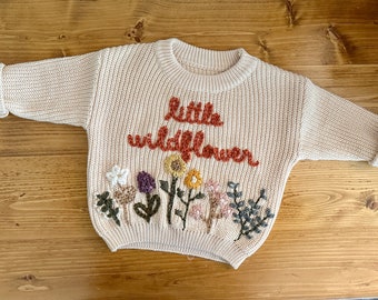 Little Wildflower Custom Hand-Embroidered Chunky Knit Baby Toddler Sweater
