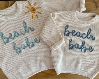 Beach Babe Hand Embroidered Chunky Knit Baby Toddler Sweater "beach babe"