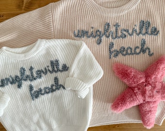 Wrightsville Beach Hand Embroidered Chunky Knit Baby Toddler Sweater