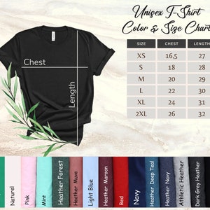 May include: Black unisex t-shirt with a color and size chart. The chart lists sizes XS to 2XL, chest measurements from 42 to 66 cm, and lengths from 69 to 81 cm. Color options include Kelly Green, Natural, Pink, and Black.